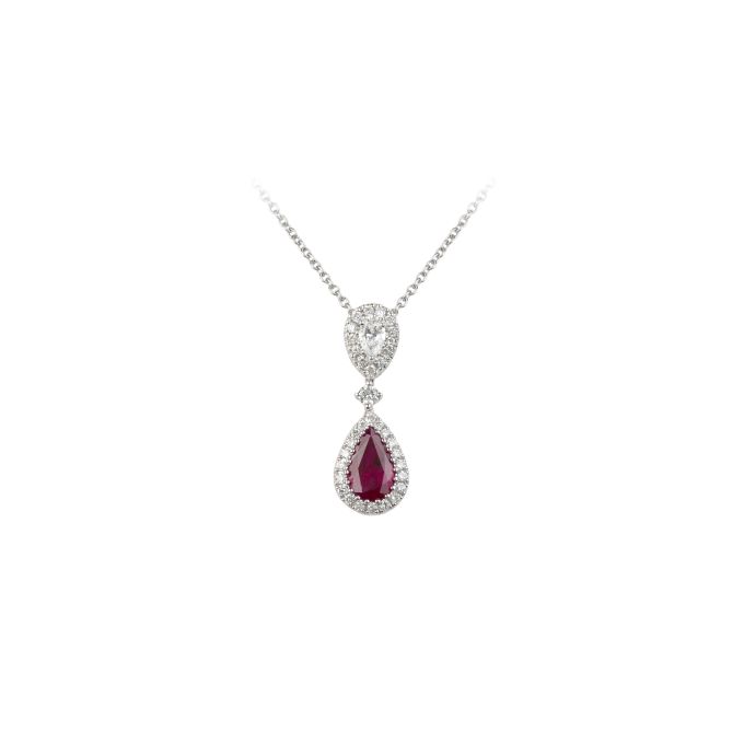 Ruby & Diamond Drop Cluster Pendant & Chain in 18ct White Gold