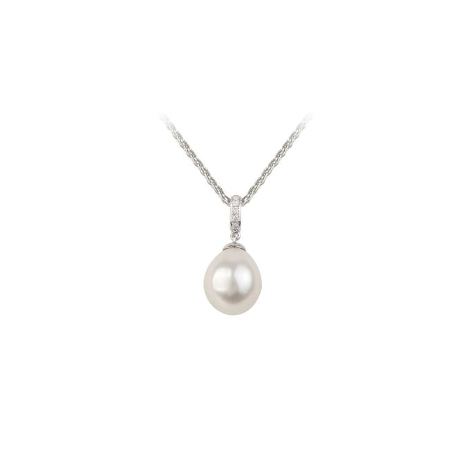 Cultured Fresh Water Pearl & Diamond Pendant & Chain in 18ct White Gold