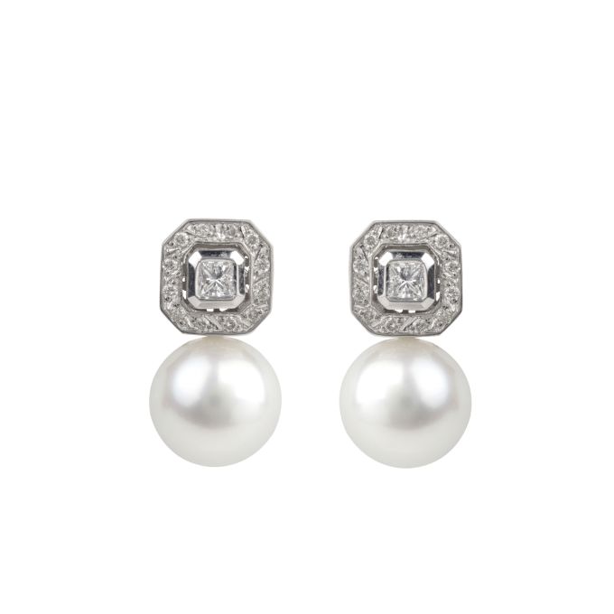 Cultured Pearl & Diamond Vintage Earrings in 18ct White Gold
